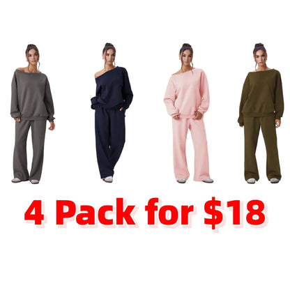 Women's Leisure Solid Color Sloping Shoulder Long Sleeve Top & Wide-Leg Trousers Set