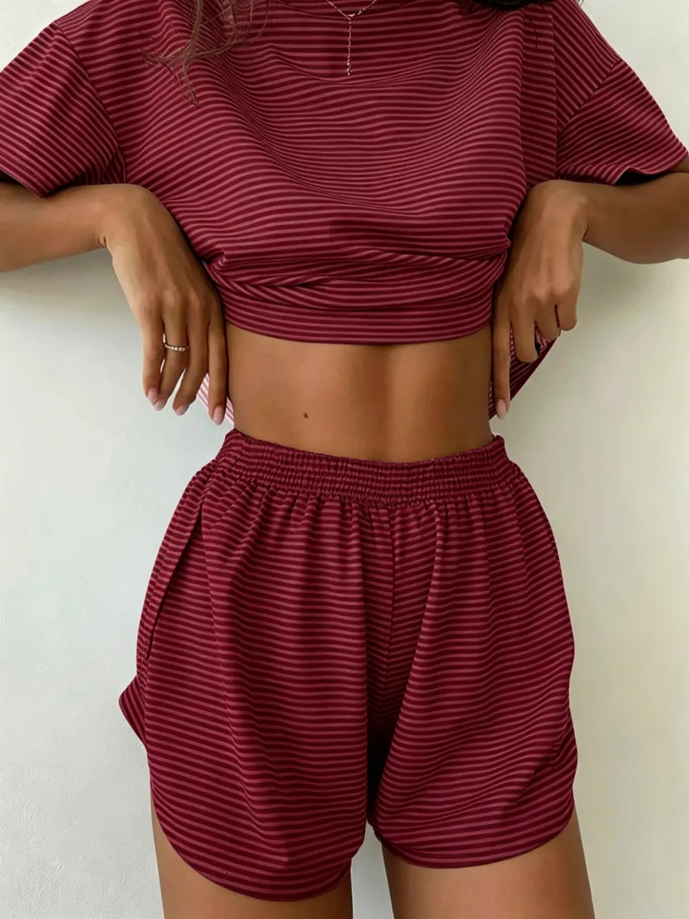 Women's Striped Print Drop Shoulder Tee & Wrap Split Shorts Pyjama Set