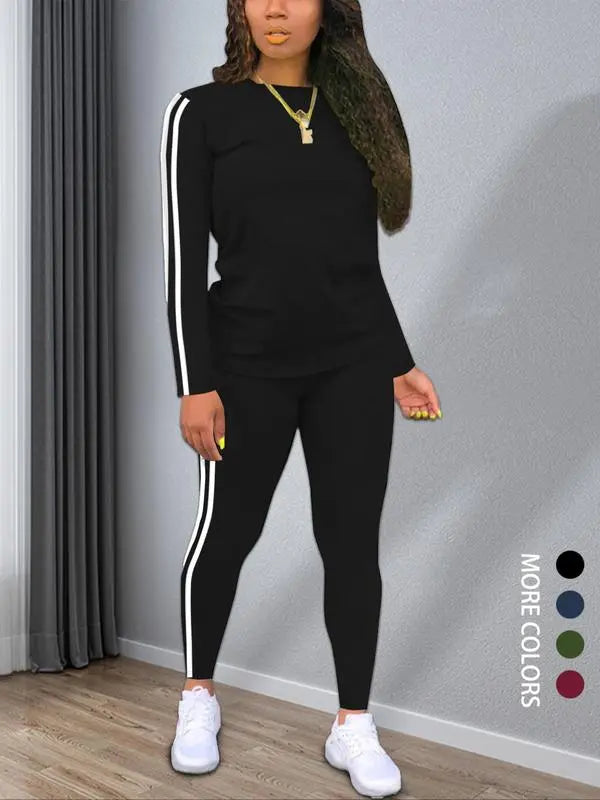 Women's Striped Print Long Sleeve & Pants Two-piece Set