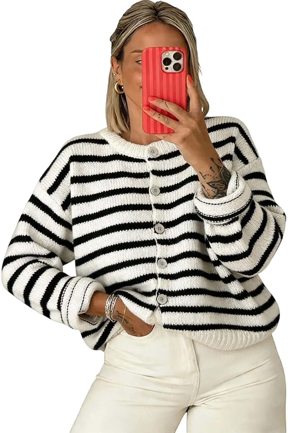 Women's striped button-up cardigan sweater