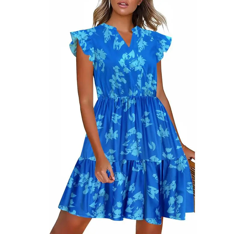 Women's Floral Printed Ruffle Sleeve Tiered Mini Dress