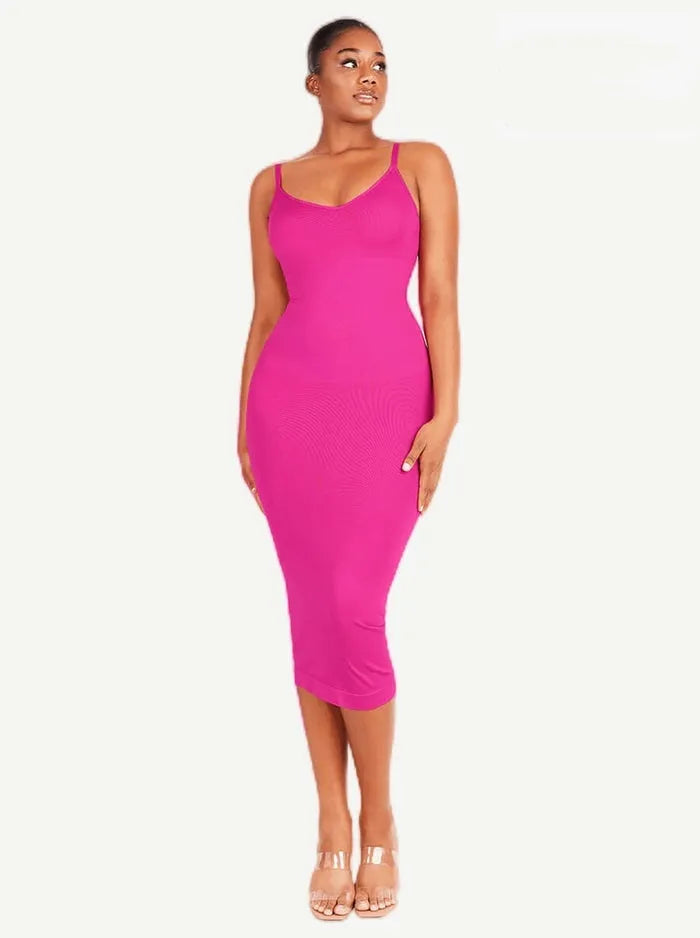 Seamless Spaghetti Strap V Neck Maxi Dress with Built-in Bodycon