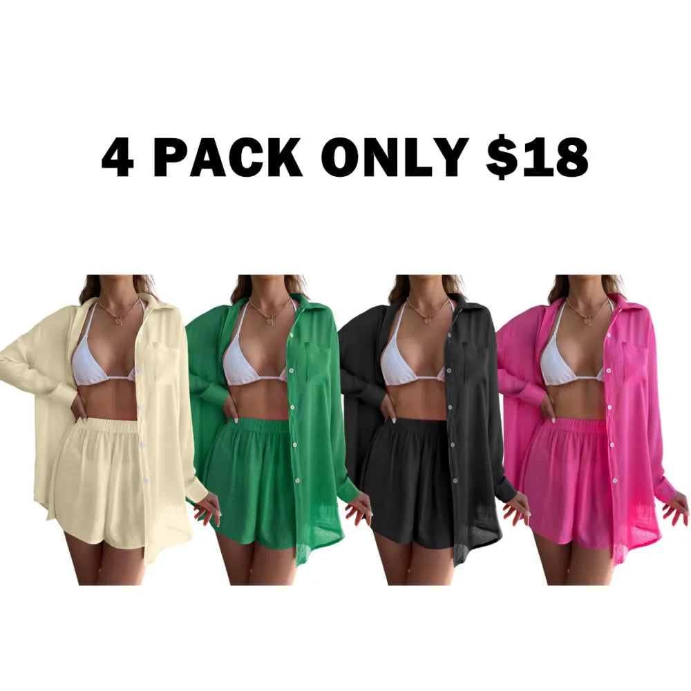Women's Solid Button Front Pocket Sheer Cover Up Shirt & Shorts Set