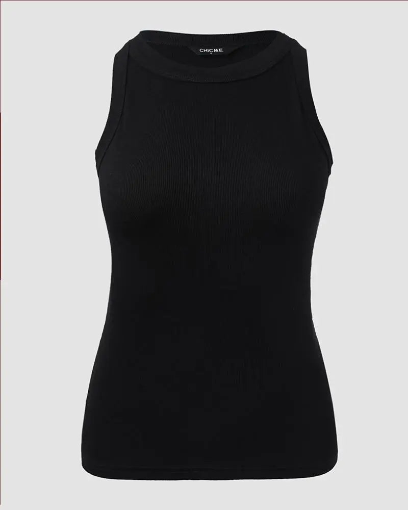 O-Neck Knit Sleeveless Basic Slim Fit Tummy Control Tank Casual Top(Without Pads)
