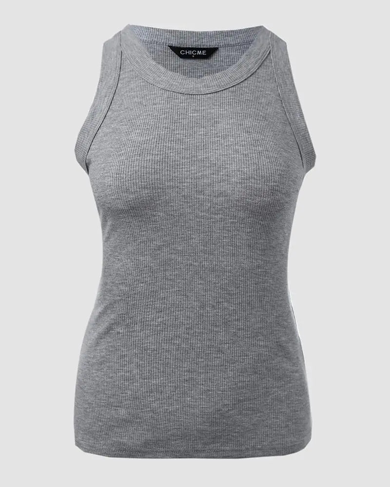 O-Neck Knit Sleeveless Basic Slim Fit Tummy Control Tank Casual Top(Without Pads)