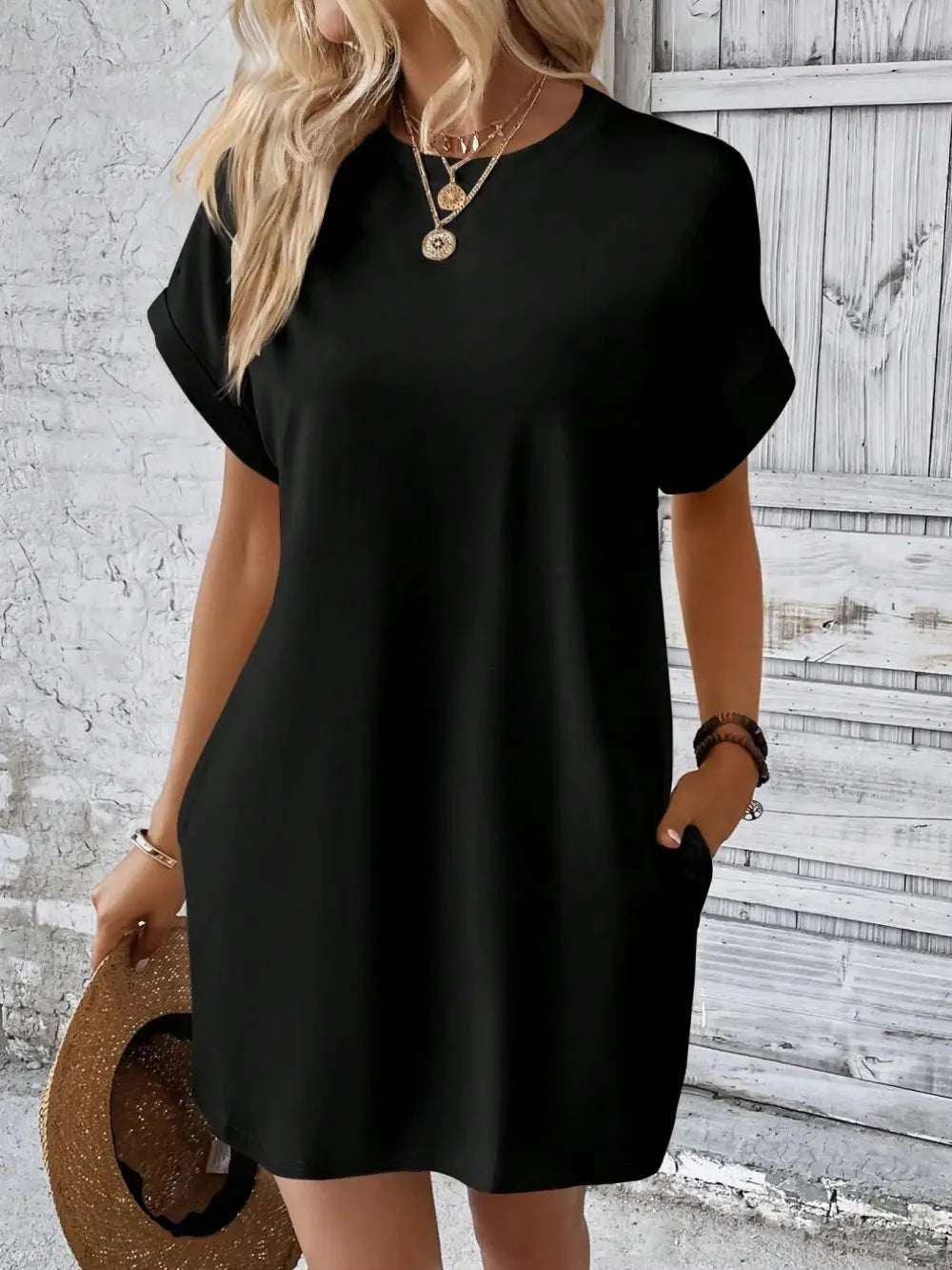 Women's Plain Pocket Batwing Sleeve Tee Dress