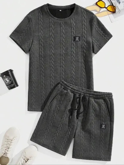 Men's Knit Casual Textured Patch Tee & Drawstring Shorts Set