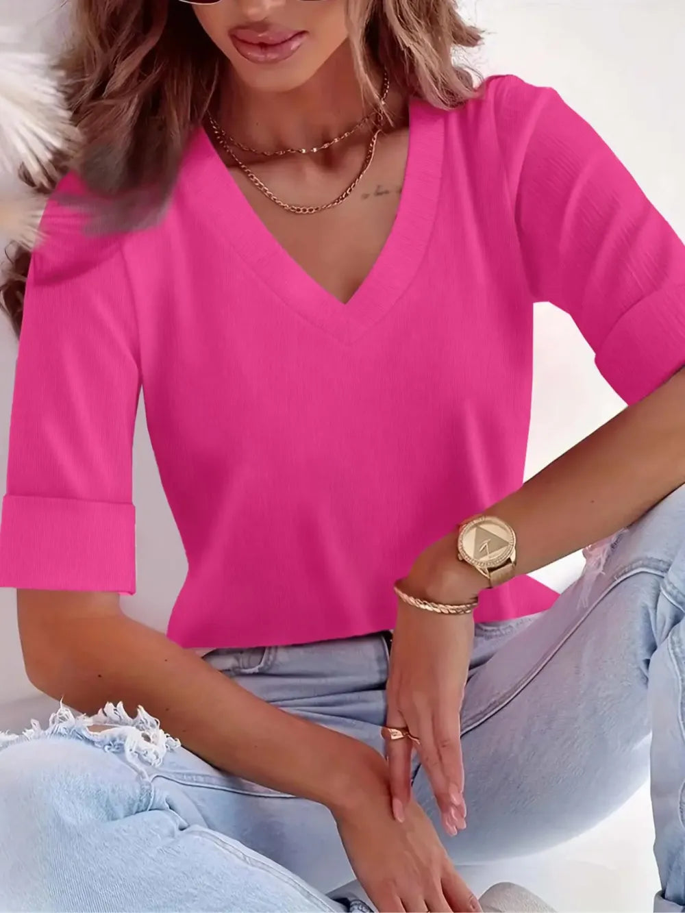Plus Size Solid V Neck Roll Up Sleeve Tee