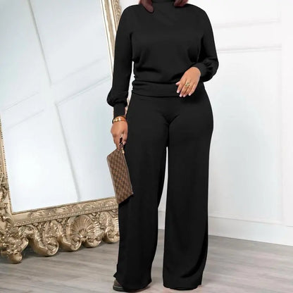 Women Fall Winter Long Sleeve Semi High Neck Loose Top & Wide Leg Pants