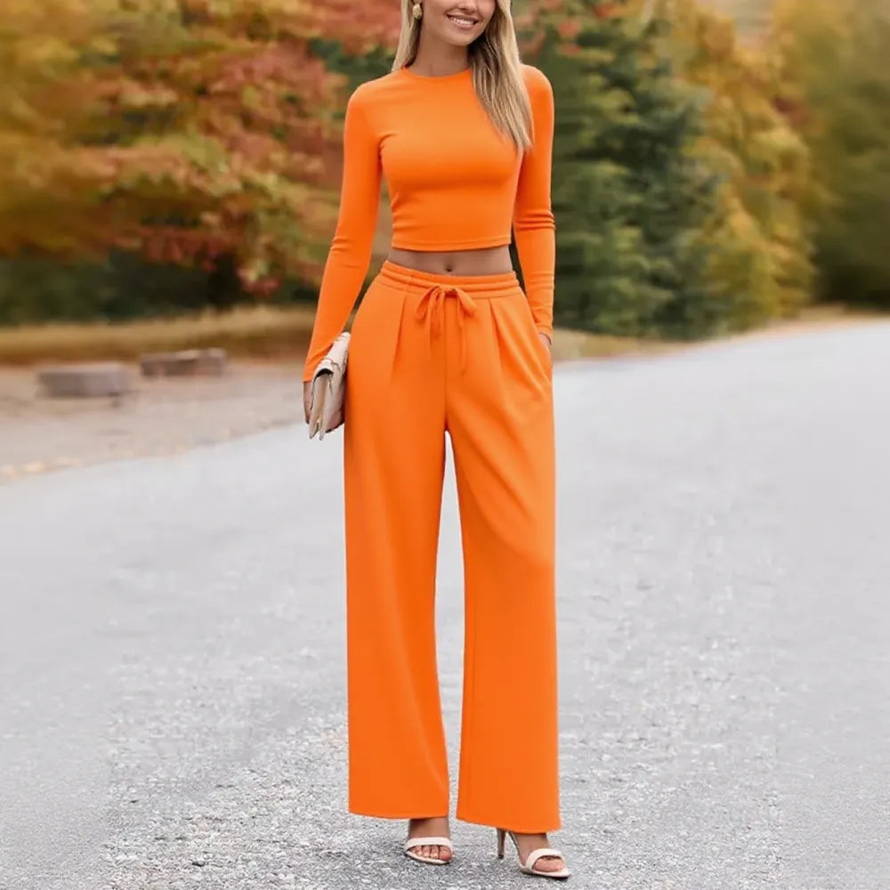 2-Piece Ribbed Knit Long Sleeve Crop Top Wide Leg Pants Matching Lounge Set Loungewear