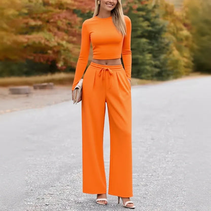 2-Piece Ribbed Knit Long Sleeve Crop Top Wide Leg Pants Matching Lounge Set Loungewear