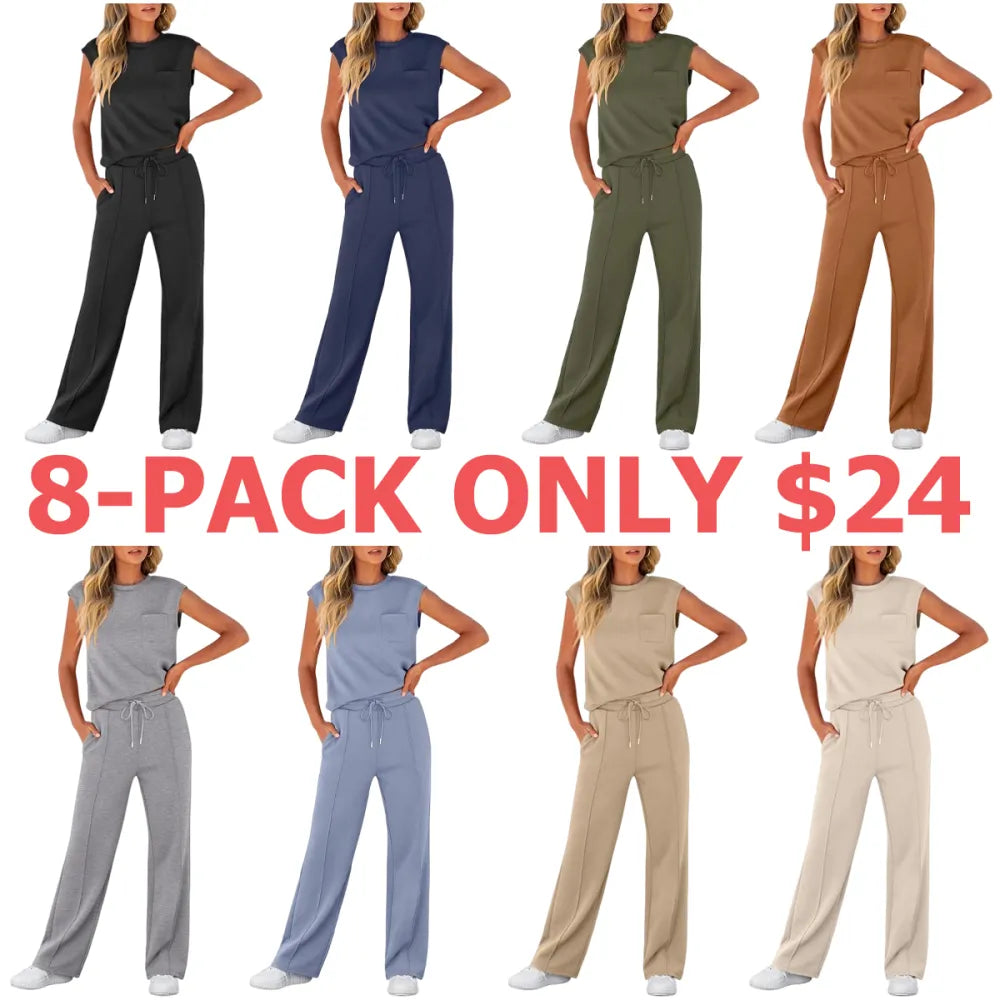 Women's Summer 2 Piece Outfits Casual Sleeveless Sweatsuits Matching Wide Leg Tracksuits Lounge Sets Women Basic Vacation Outdoor Outfit Sets Womenswear