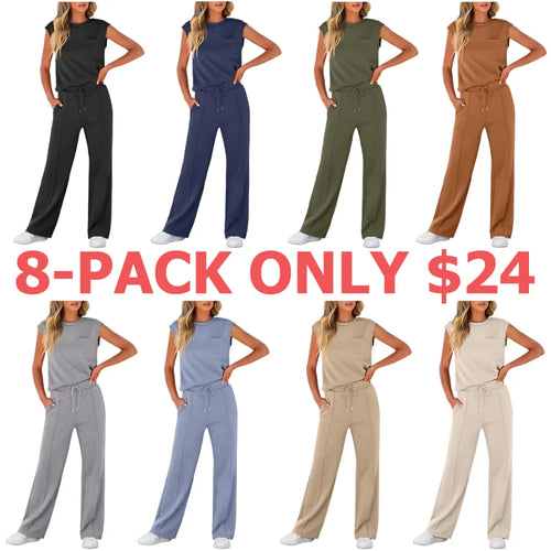 Women's Summer 2 Piece Outfits Casual Sleeveless Sweatsuits Matching Wide Leg Tracksuits Lounge Sets Women Basic Vacation Outdoor Outfit Sets Womenswear