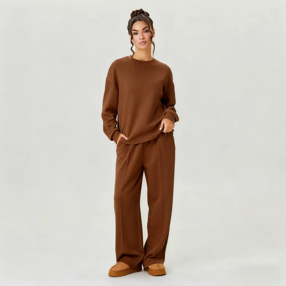 Women's Casual Solid Color Loose Long Sleeve Top & Exposed Stitches Trousers Co-ord