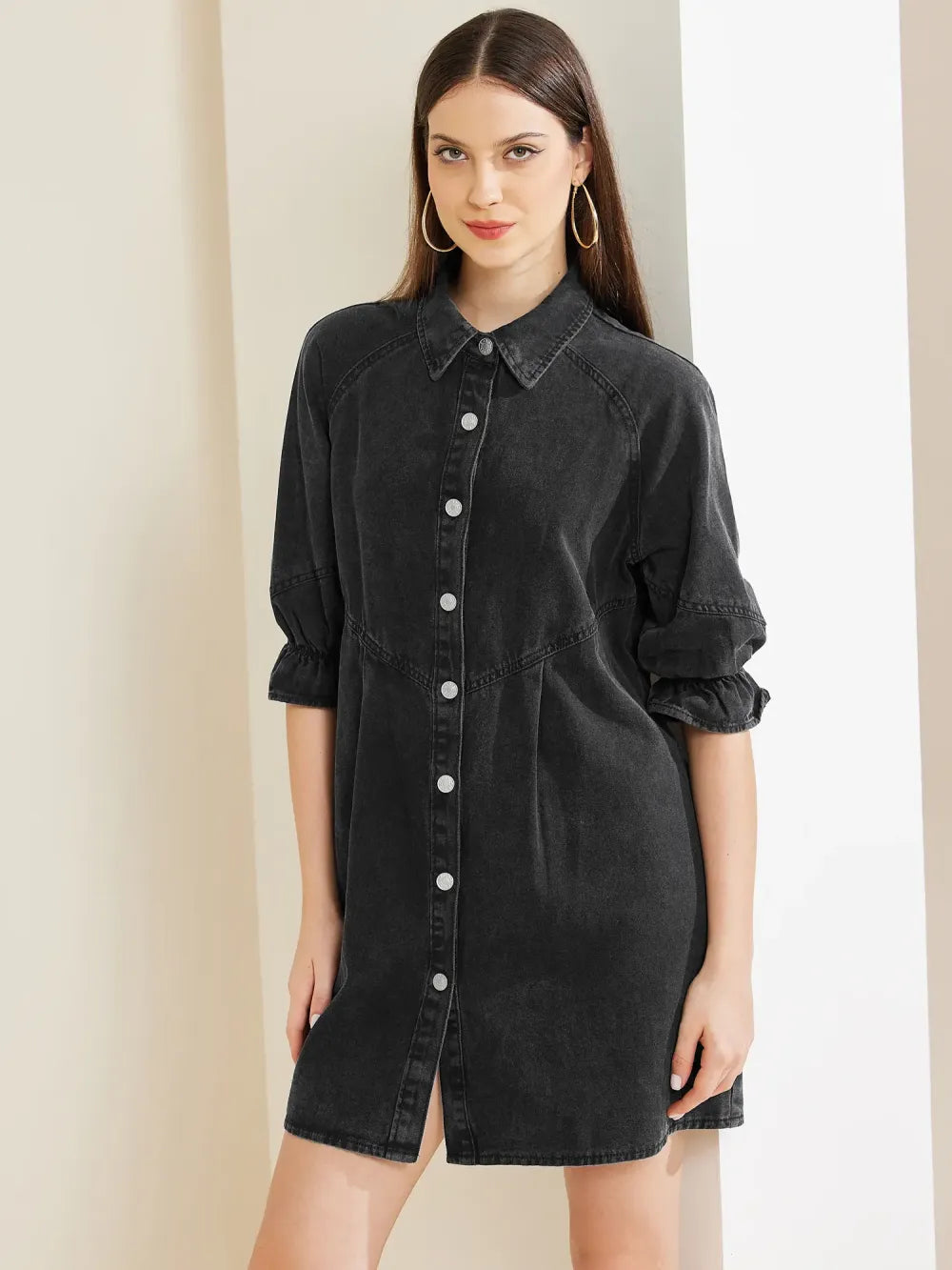 3/4 Lantern Sleeve Babydoll Mini Jean Denim Shirt Dress