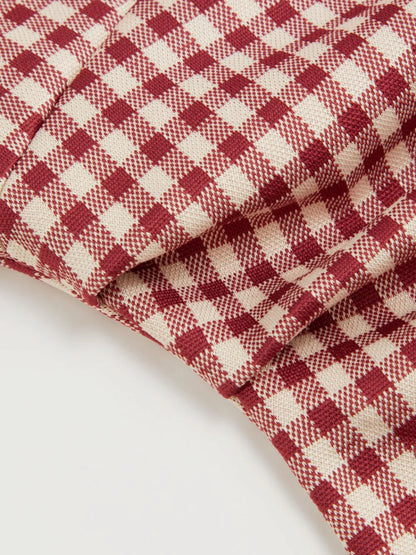 Boat Neck Gingham Bowknot Ruched Long Sleeve Top