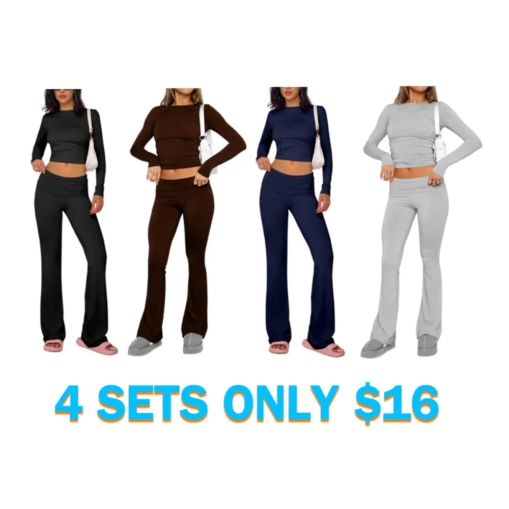 Women's Solid Long Sleeve Crop Tee & Flare Leg Skinny Pants Loungewear Set