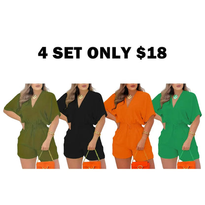 Women's Plain Drawstring Shirred Waist V Neck Romper