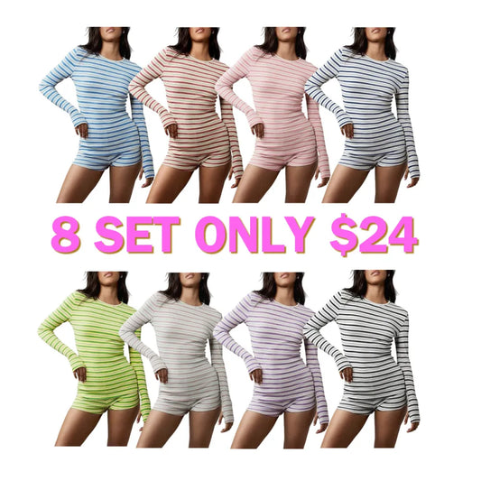 Women's Striped Knit Casual Long Sleeve Top & High Waist Elastic Sporty Shorts Set