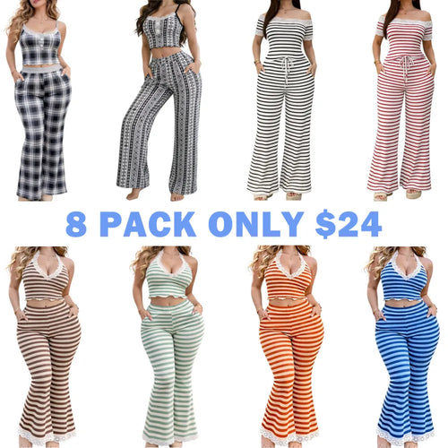 2pcs Women's Off Shoulder Top & Pants Striped Set