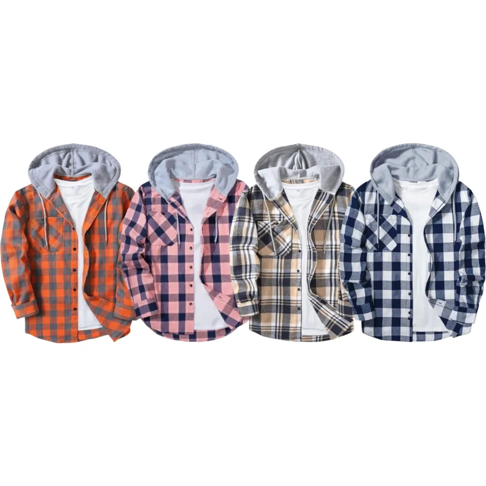 Men’s Plus Size Plaid Patchwork Hooded Jacket – Button Front Casual Outerwear with Pockets