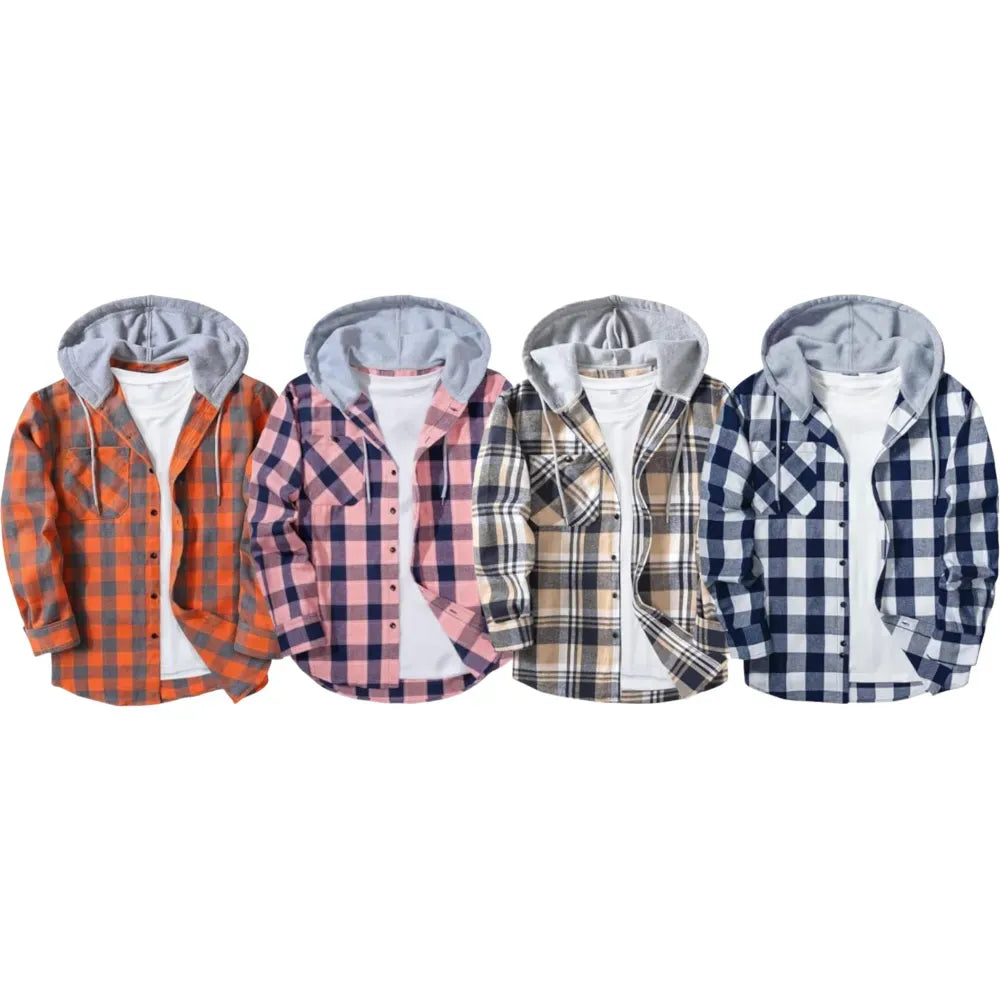 Men’s Plus Size Plaid Patchwork Hooded Jacket – Button Front Casual Outerwear with Pockets