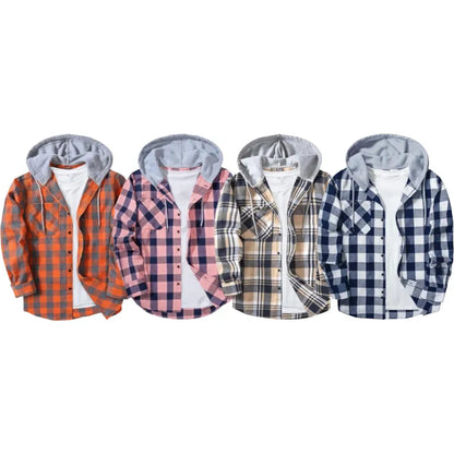 Men’s Plus Size Plaid Patchwork Hooded Jacket – Button Front Casual Outerwear with Pockets