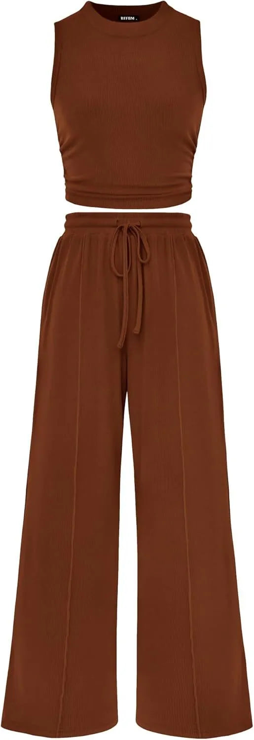 Women Summer 2 Piece Outfits 2026 Beach Crew Neck Sleeveless Cropped Top Elastic Waist Wide Leg Pants Lounge Set