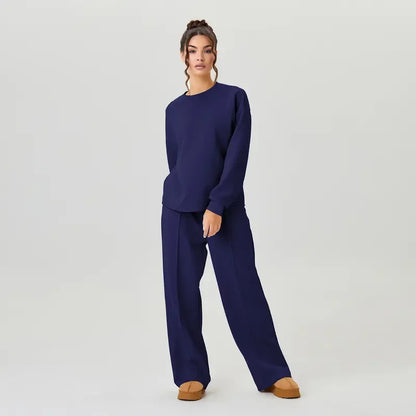 Women's Cozy Round Neck Top & Wide Leg Trousers Two Piece Outfits