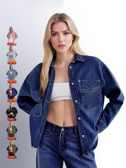 Women's Plain Button Front Drop Shoulder Curved Hem Denim Jacket