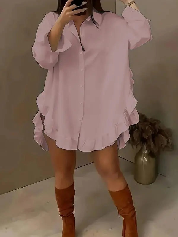 Women's Plain Ruffle Trim Button Front Blouse