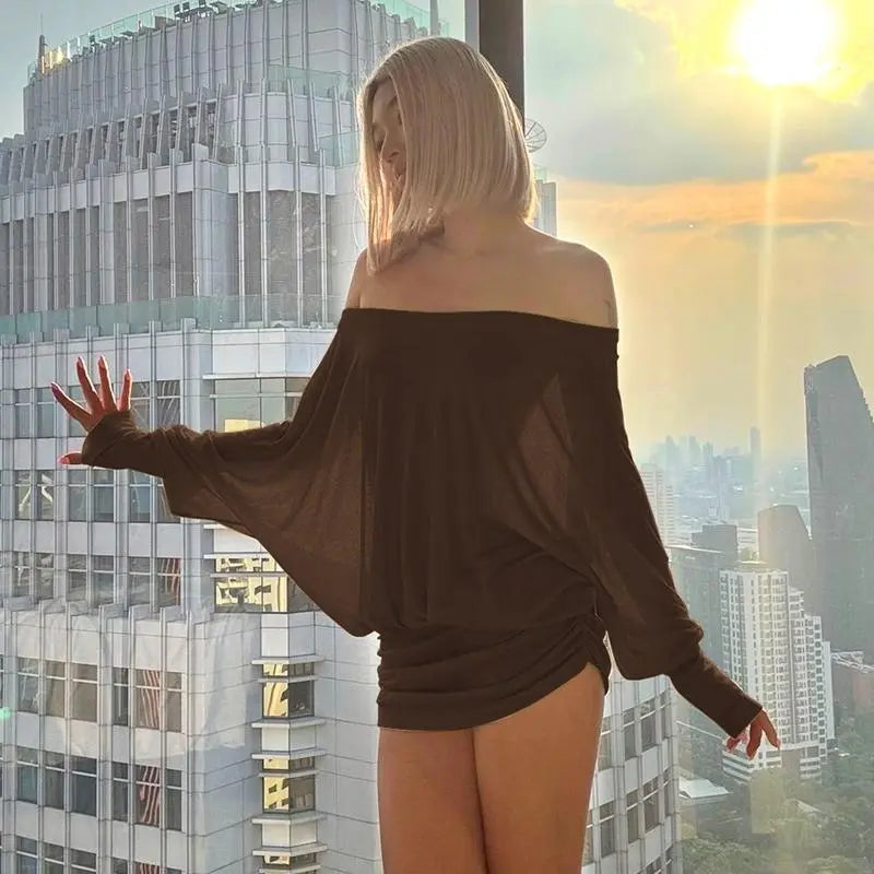 Women's Sheer Ruched Party Dress, Off-The-Shoulder Long Sleeve Women's Mini Dress for Spring & Fall