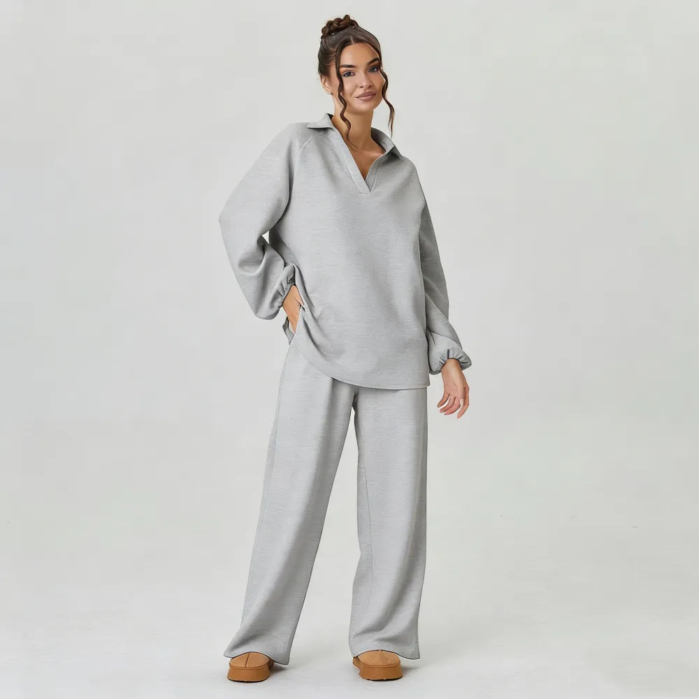 Women's Slouchy Solid Color V-Neck Loose Textured Pullover & Drawstring Waist Trousers Co-ord