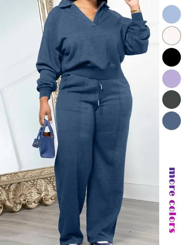 Women's Solid Long Sleeve Sweatshirt & Drawstring Waist Pants Set, Casual Fashion