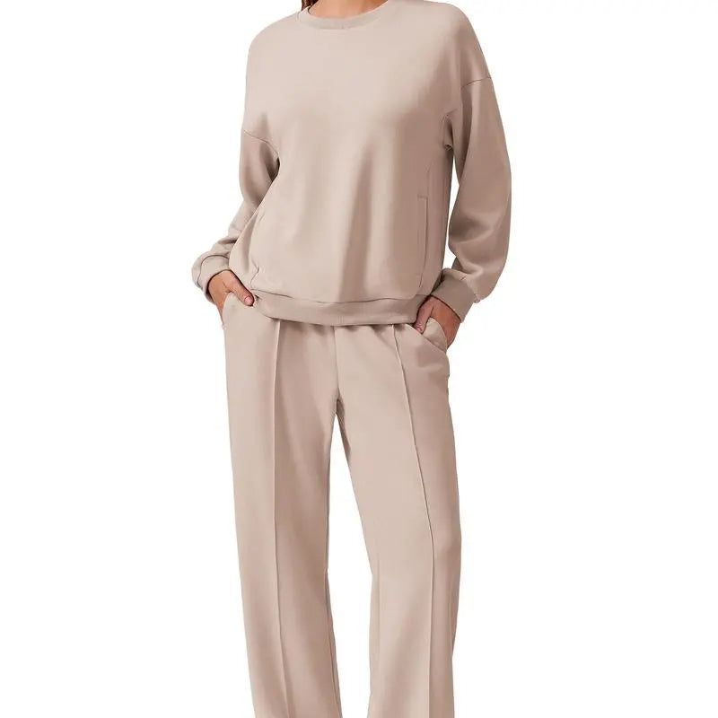 2-Piece Long Sleeve Sweatshirt Drawstring Straight Leg Pants