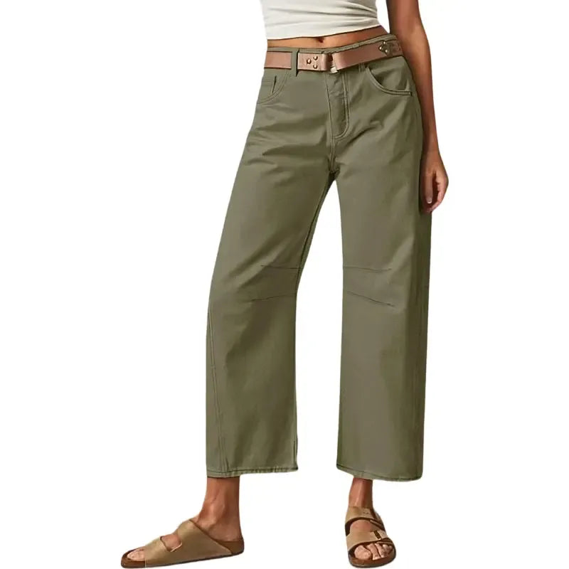 Solid Stitch Detail Mid Waist Crop Baby Barrel Pants