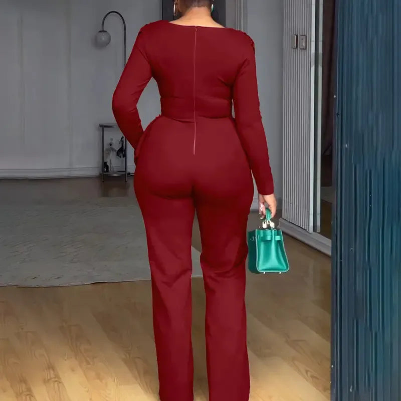 Cowl Neck Asymmetrical Patchwork Ruched Jumpsuit