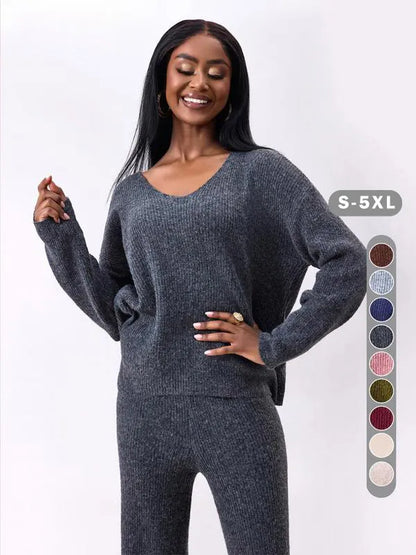 Two-piece Set Women's Solid Color Drop Shoulder Sweater & Pants