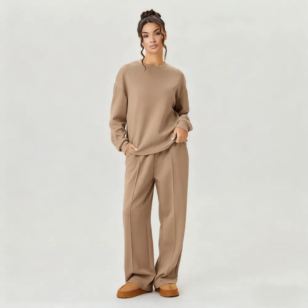 Women's Casual Solid Color Loose Long Sleeve Top & Exposed Stitches Trousers Co-ord