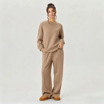 Women's Casual Solid Color Loose Long Sleeve Top & Exposed Stitches Trousers Co-ord