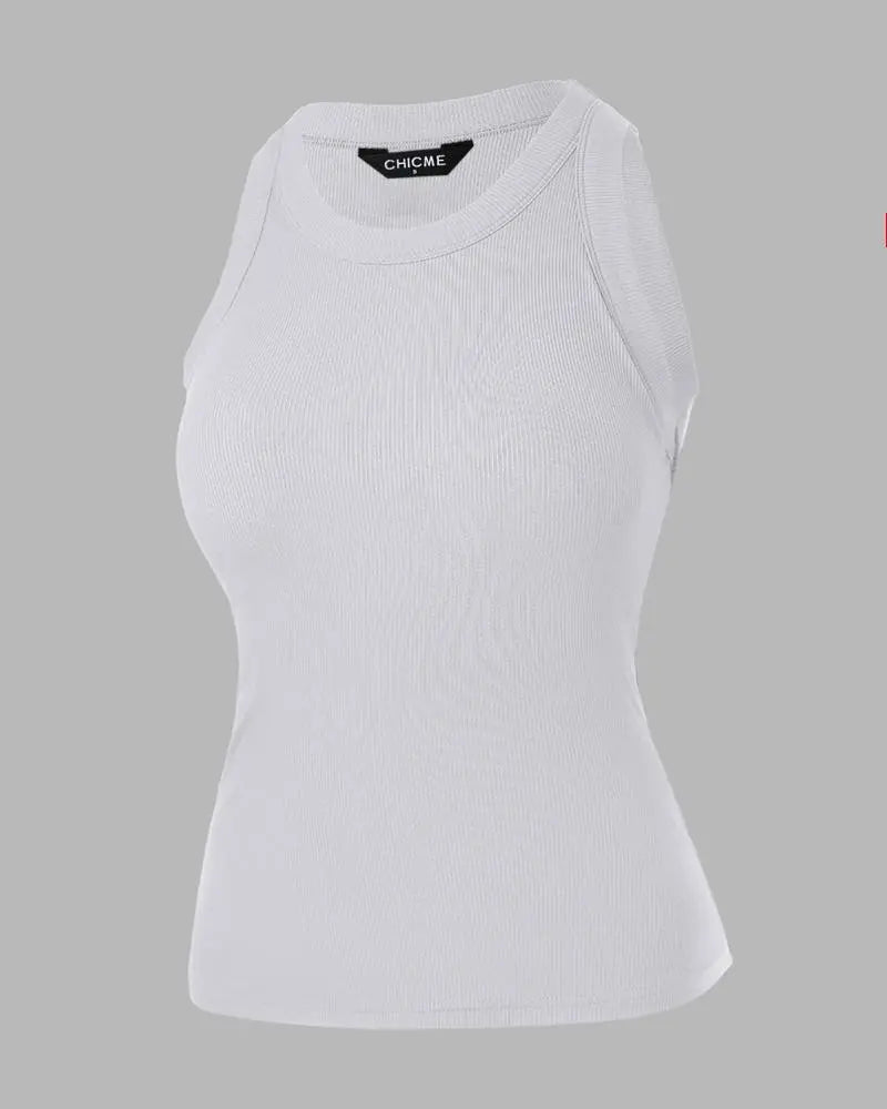 O-Neck Knit Sleeveless Basic Slim Fit Tummy Control Tank Casual Top(Without Pads)