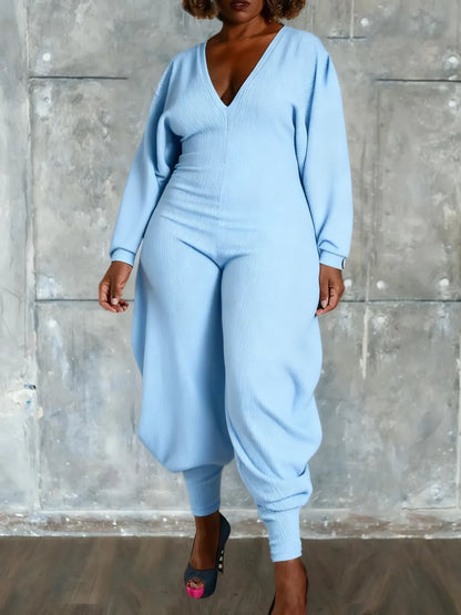 Women's Plain Bishop Sleeve Deep V Neck Jumpsuit