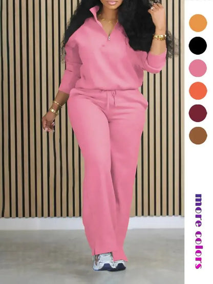 Women's Solid Casual Long Sleeve Top & Pocket Wide Leg