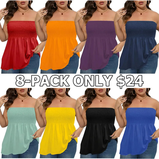 Plus Size Solid Ruffle Hem Shirred Tube Top, Boho Fashion Chic Style Tops