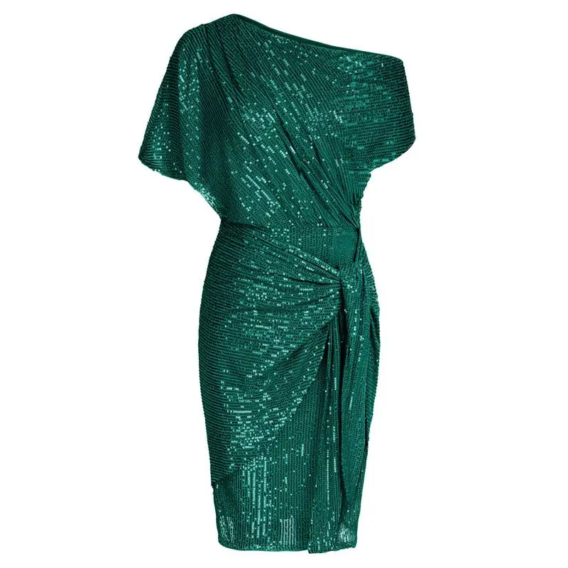 Women Sequined Party Dress Short Sleeve Asymmetric Off Shoulder Bodycon Dress
