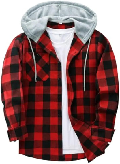 Men’s Plus Size Plaid Patchwork Hooded Jacket – Button Front Casual Outerwear with Pockets