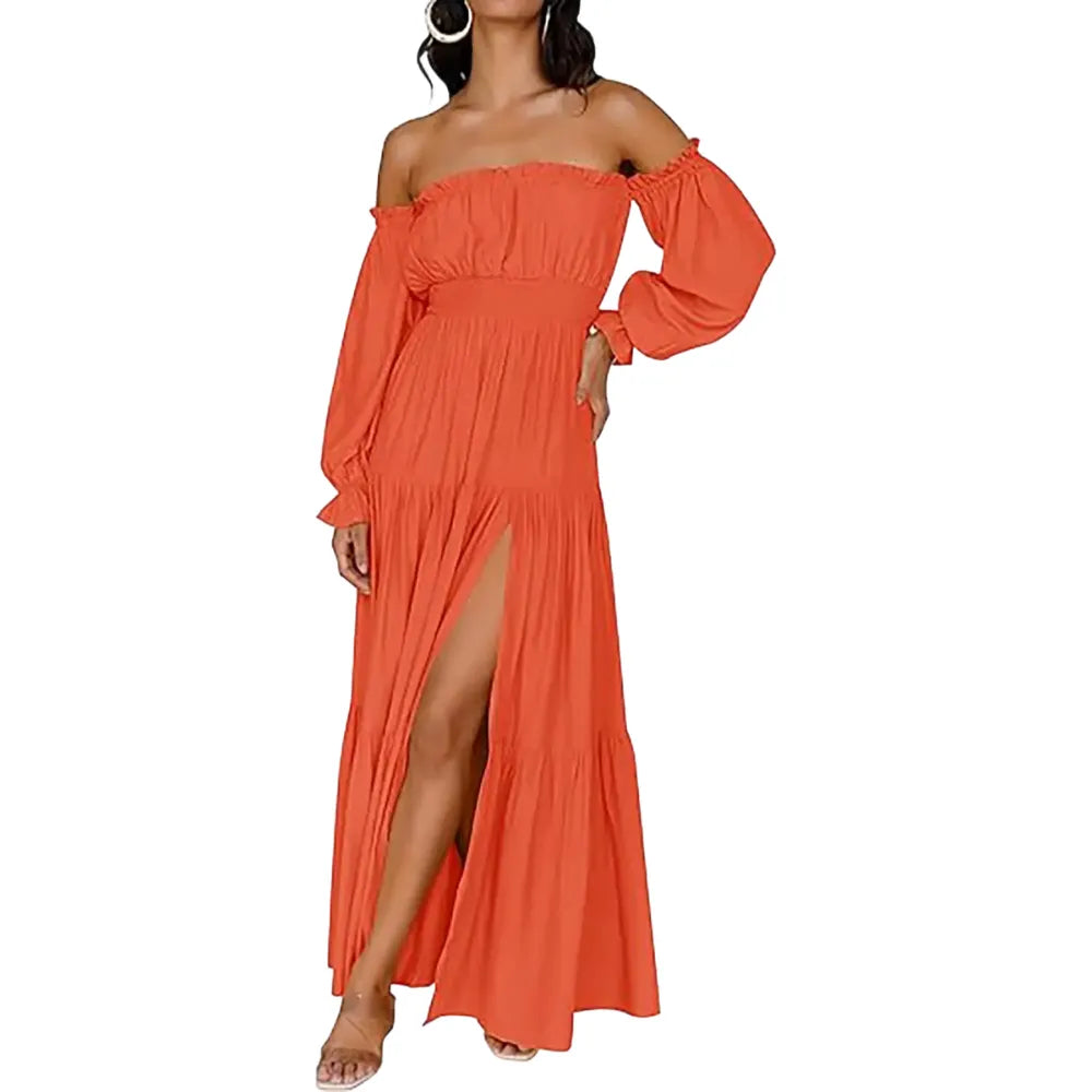 Women's Boho Off Shoulder Long Sleeve High Waist Side Split Long Maxi Dress