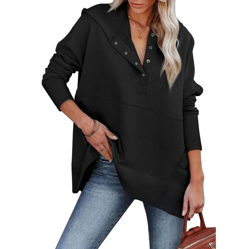 Women's Casual Oversized Sweatshirts Hoodies Button V Neck Long Sleeve Cotton Henley Pullover Hooded Tops 2025 Womenswear Winter Outfits Clothes