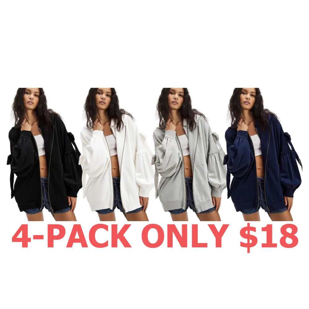 Women's Fall/Winter Zip Up Hoodies with Pockets Stylish Solid Bow Tie Long Sleeve Sweatshirt Jackets