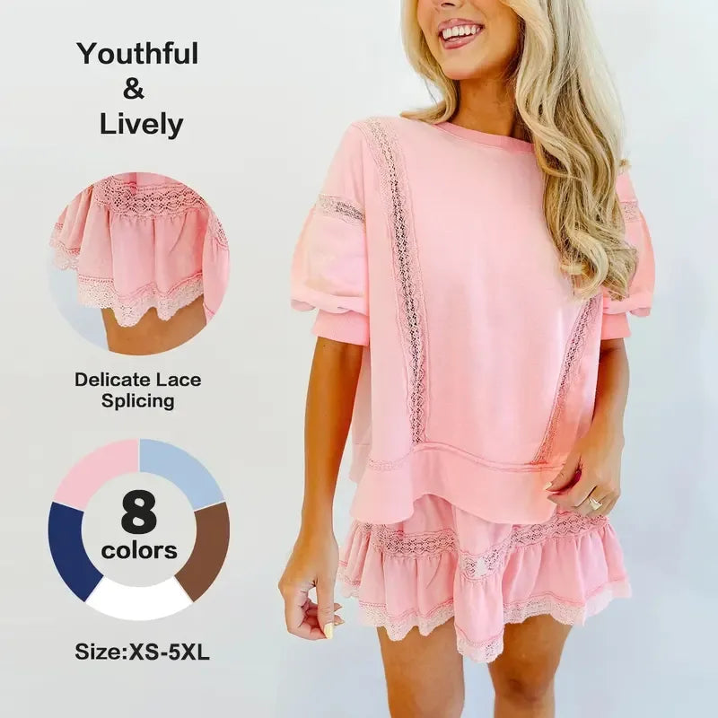 Women's 2 Piece Cotton Lace Trim Outfit Set